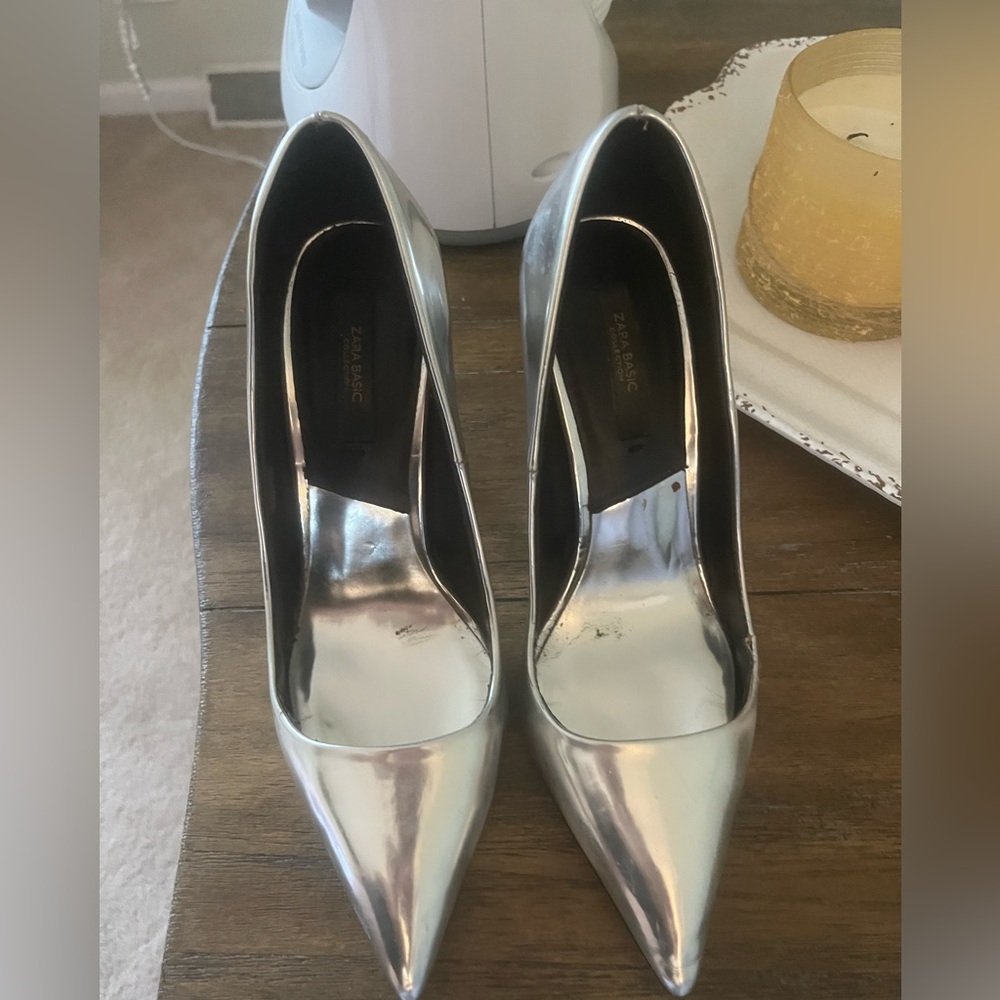 Zara Metallic Silver Pointed-Toe Pumps